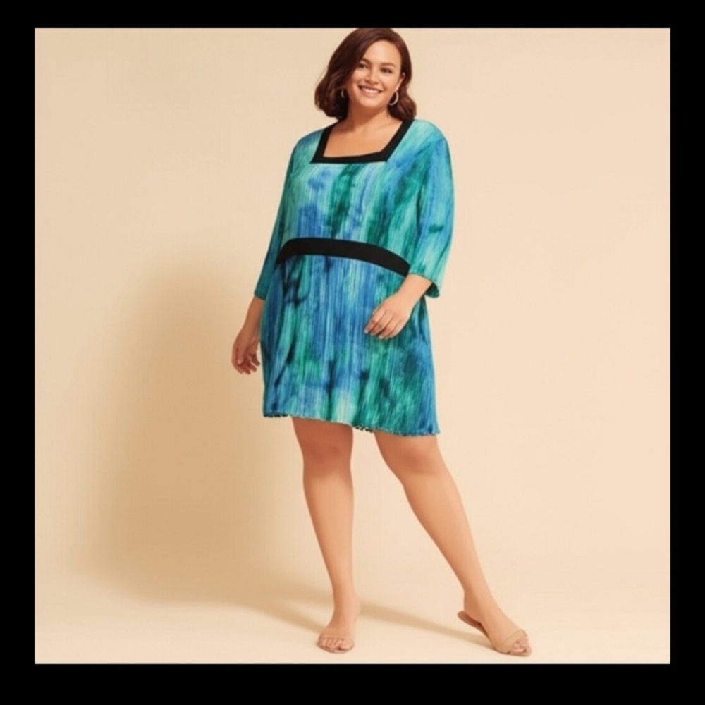 Blue green watercolor print Tunic Top 3/4 sleeves 2X Casual Office Travel